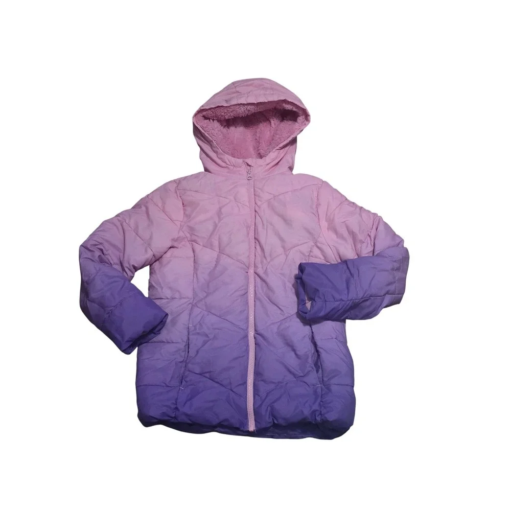Swiss Tech Girls Pink Purple Ombre Puffer Jacket Hooded Winter Coat Size L 10-12